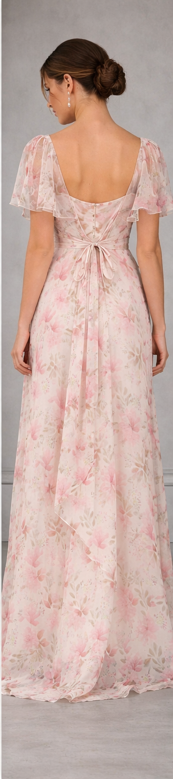 Woman wearing a floral dress with a plain background