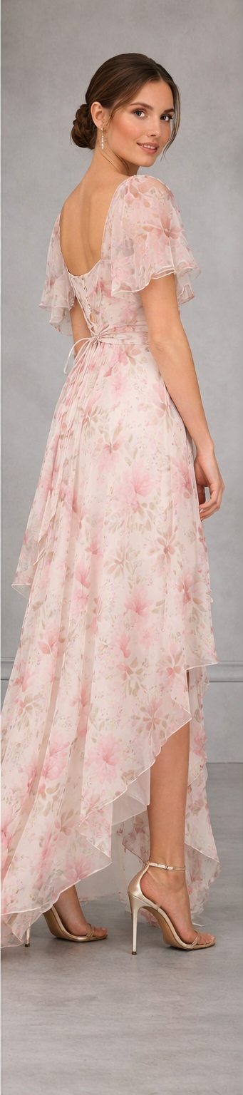 Woman wearing a pink floral dress on a gray background