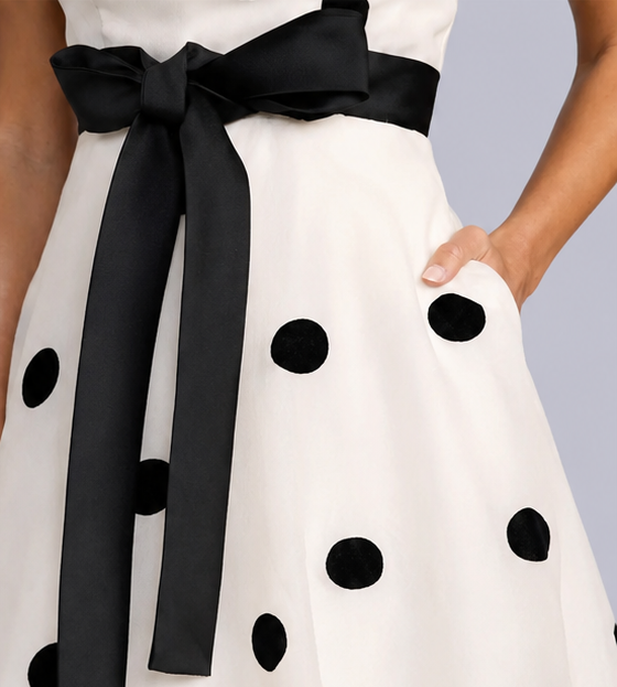 Close-up of a white or off-white dress with large black polka dots and a wide black satin waist tie, shown on a model against a light gray studio background. trapless black and white polka dot A-line gown with waist bow