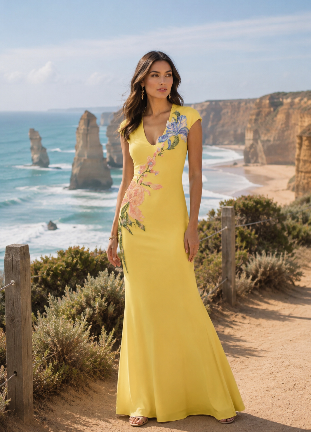 A woman wearing a bright yellow maxi dress with floral embroidery stands on a coastal path with sea stacks and cliffs in the background.