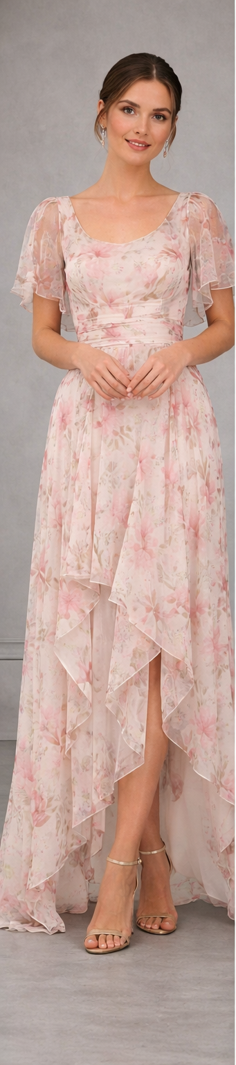 Woman wearing a floral dress with a high-low hem on a plain background