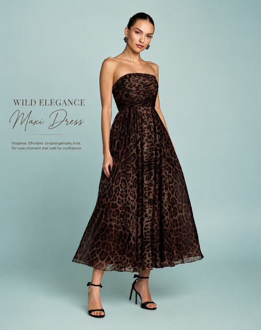 A woman modeling a strapless maxi dress with a brown and black leopard print pattern against a light blue background.  Strapless brown and black leopard print maxi dress