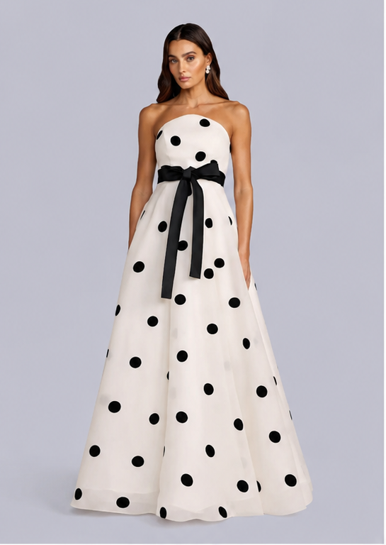 A strapless A-line gown with a black and white polka dot pattern, featuring a wide black waist sash with a bow, modeled against a solid gray background. trapless black and white polka dot A-line gown with waist bow