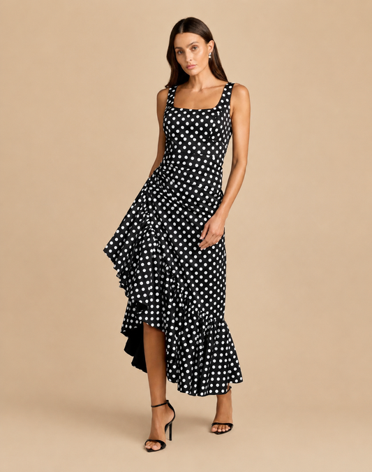 A woman modeling a sleeveless black midi dress with a white polka dot pattern, featuring a square neckline, fitted bodice, and a ruffled asymmetrical hem, set against a solid beige studio background. Black and white polka dot midi dress with asymmetrical ruffle hem
