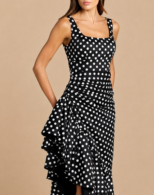 A woman wearing a sleeveless black dress with a white polka dot pattern and a ruffled asymmetrical hem, posed against a solid beige studio background.Black and white polka dot midi dress with asymmetrical ruffle hem