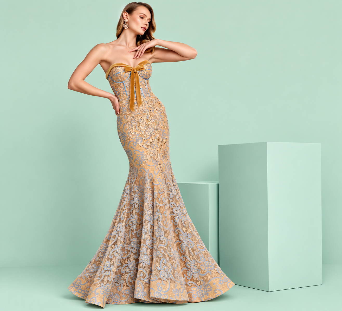 Versailles Lace women's dress by Coral Coast Couture. Gold and lavender floral strapless mermaid gown with satin bow