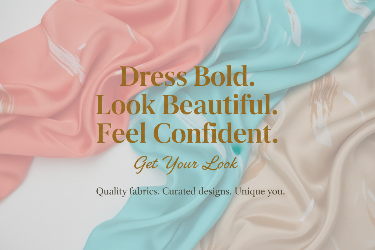 Generate image this Slideshow Banner & Show Text in center in image 

Heading :- "Dress Bold. Look Beautiful. Feel Confident."
Sub Heading :- "Get Your Look"
Body Text :- "Quality fabrics. Curated designs. Unique you."